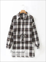 Women Mini Blue Plaid Check Buttoned Long Sleeve Shirt Dress with Corset Style Belted Waist corset style, harajuku PLAID SHIRT DRESS, Preppy