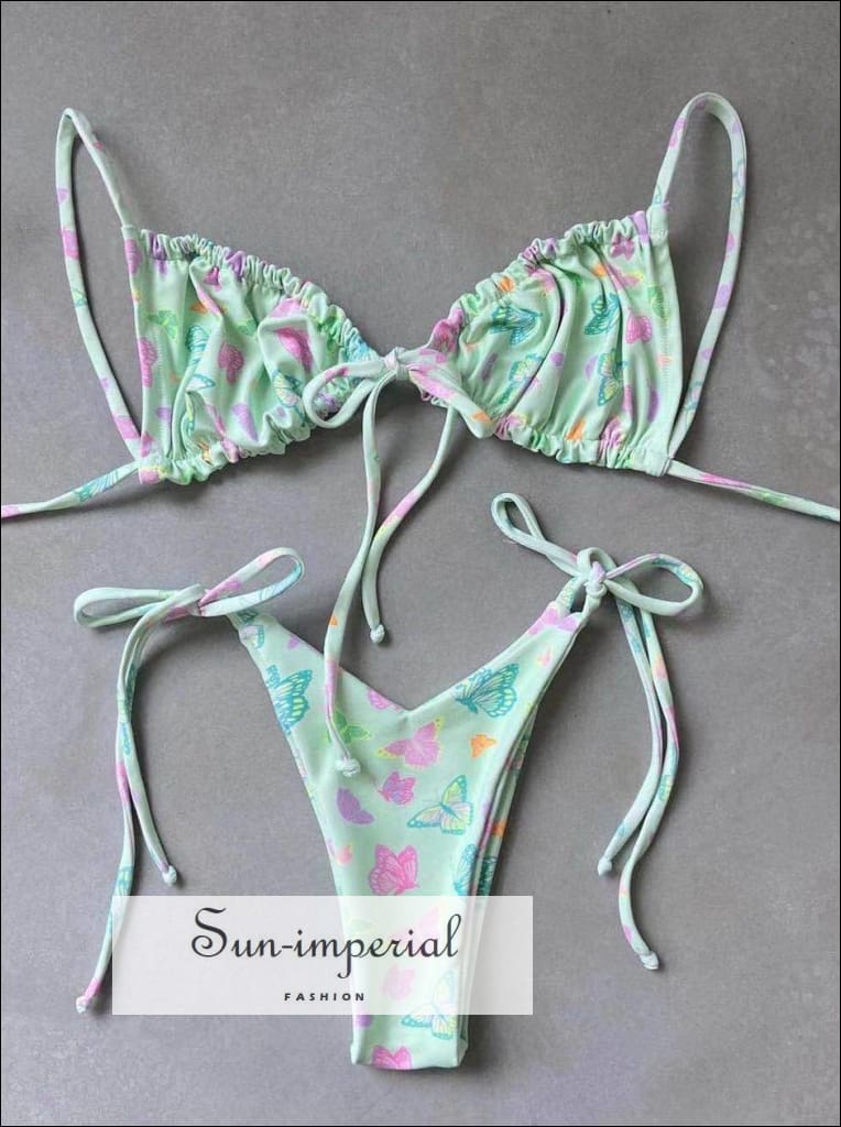 Women Mint Green Butterfly Print Ruched Swimsuit with Tie side and Center Details Bikini Set MInt SUN-IMPERIAL United States