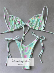 Women Mint Green Butterfly Print Ruched Swimsuit with Tie side and Center Details Bikini Set MInt SUN-IMPERIAL United States