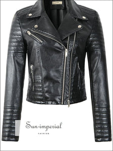 Women Motorcycle Faux Leather Jackets Long Sleeve Biker Leather Jacket Black Coat