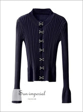 Women Navy Blue Ribbed Long Sleeve Cardigan top with Hook and Eye front casual style, harajuku Preppy Style Clothes, PUNK STYLE, street 