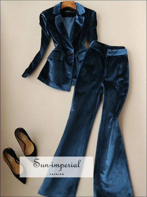 Women Navy Blue Velvet Long Sleeve Blazer and Bell Pants Set Two Piece bohemian style, boho elegant harajuku Preppy Style Clothes 