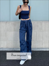 Women Navy Blue Wide Leg Cargo Trousers Pants with Tie Waist detail Basic style, harajuku PUNK STYLE, sporty street style Sun-Imperial 