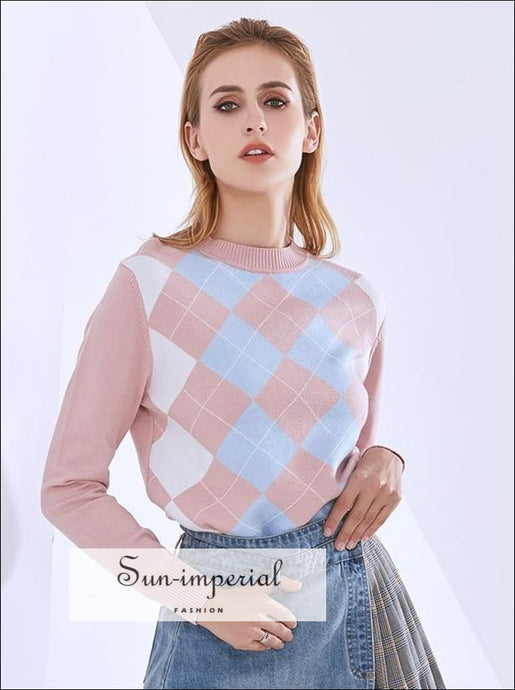 Women Navy O Neck Long Sleeve Diamond Knit Pattern Pullover Sweater Basic style, bohemian boho casual harajuku style SUN-IMPERIAL United 