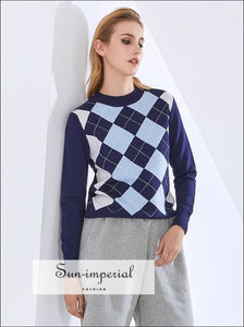 Women Navy O Neck Long Sleeve Diamond Knit Pattern Pullover Sweater Basic style, bohemian boho casual harajuku style SUN-IMPERIAL United 