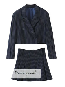 Women Navy Two front Buttons Cropped Blazer and A-line Pleated Mini Skirt Striped Pieces Set casual style, chick sexy harajuku Preppy Style 