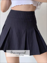 Women Navy Two front Buttons Cropped Blazer and A-line Pleated Mini Skirt Striped Pieces Set casual style, chick sexy harajuku Preppy Style 