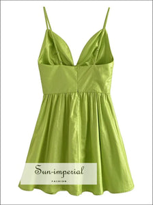 Women Neon Green Corset Style Deep V Neck A-line Backless Mini Dress Party Satin Beach Dresses, beach party dress, chick sexy style, 