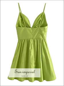 Sun-Imperial - Women Neon Green Corset Style Deep V Neck A-Line Backless Mini Dress Party Satin Neon Green / L Sun-Imperial - Women Neon Green Corset Style Deep V Neck A-Line Backless Mini Dress Party Satin Neon Green / L