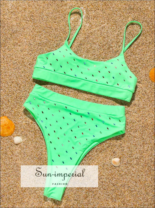 Women Neon Green High Waist Bikini Tank Set with Sequin Rectangle detail Hot Pink With Detail, Purple White Detail SUN-IMPERIAL United 