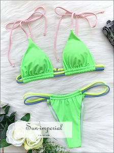 Women Neon Green Micro Bikini Thong with Blue Yellow and Pink Triple Color Straps Black With And SUN-IMPERIAL United States