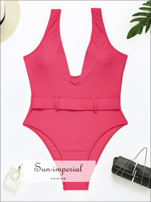 Women Neon Pink Belted One Piece Swimsuit with Deep V-neck neon one piece swim Sun-Imperial United States
