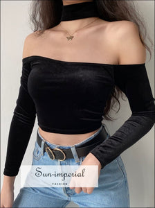 Women off Shoulder Red Wine Long Sleeve Velvet Slim Fit Crop top with Choker Neckline casual style, chick sexy harajuku PUNK STYLE, street 