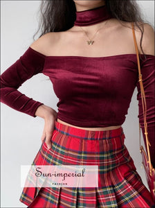 Women off Shoulder Red Wine Long Sleeve Velvet Slim Fit Crop top with Choker Neckline casual style, chick sexy harajuku PUNK STYLE, street 