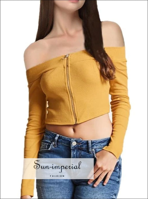 Women off the Shoulder Zip up Crop Rib Tops with Long Sleeve BASIC SUN-IMPERIAL United States
