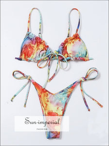 Women Oil Paint Print Tie Dye Ruched Bikini Set front top High Waist side bottom Front Top Side Bottom SUN-IMPERIAL United States