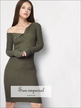 Women One Shoulder Bodycon Mini Dress front Buttons Rib Dresses Long Sleeve BASIC SUN-IMPERIAL United States
