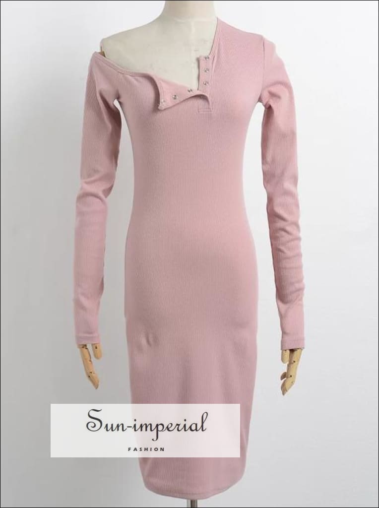 Women One Shoulder Bodycon Mini Dress front Buttons Rib Dresses Long Sleeve BASIC SUN-IMPERIAL United States