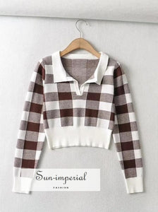 Women White and Brown Open Collar Check Knit Crop top Knitted Polo Jumper Preppy Style Clothes, PUNK STYLE SUN-IMPERIAL United States