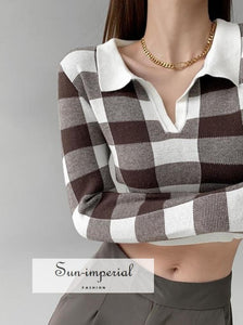 Women White and Brown Open Collar Check Knit Crop top Knitted Polo Jumper Preppy Style Clothes, PUNK STYLE SUN-IMPERIAL United States