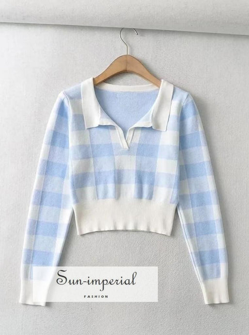 Women White and Brown Open Collar Check Knit Crop top Knitted Polo Jumper Preppy Style Clothes, PUNK STYLE SUN-IMPERIAL United States