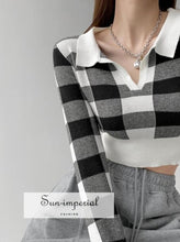 Women White and Brown Open Collar Check Knit Crop top Knitted Polo Jumper Preppy Style Clothes, PUNK STYLE SUN-IMPERIAL United States