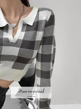 Women White and Brown Open Collar Check Knit Crop top Knitted Polo Jumper Preppy Style Clothes, PUNK STYLE SUN-IMPERIAL United States