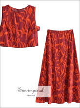 Women Orange Geometric Print Viscose Two Piece Skirt Set with Cut out side Cropped Tank top & Wrap boho, boho style, harajuku maxi skirt, 