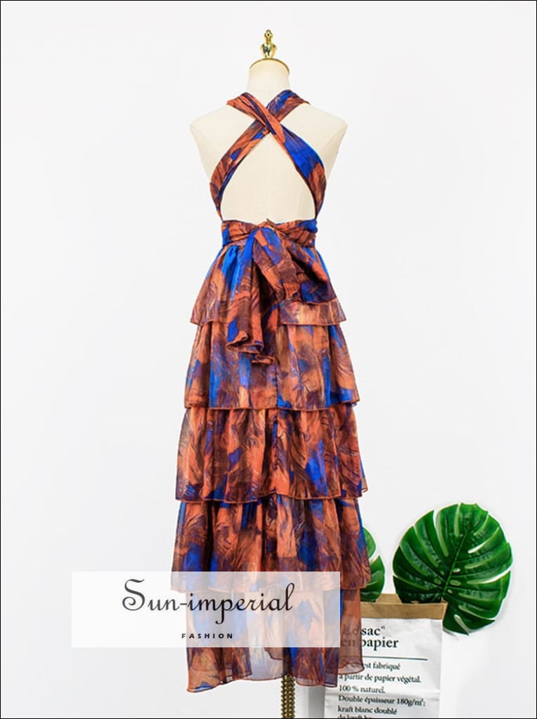 Sun-imperial - women Orange halter maxi dress with blue floral print with layered ruffles hem and Orange / XL Sun-imperial - women Orange halter maxi dress with blue floral print with layered ruffles hem and Orange / XL