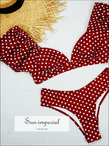 Women Orange Polka Dot Sort Puff Sleeve Vintage V Neck Mid Waist Tie back Bikini Set Back Set, Red SUN-IMPERIAL United States