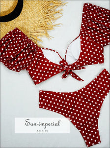 Women Orange Polka Dot Sort Puff Sleeve Vintage V Neck Mid Waist Tie back Bikini Set Back Set, Red SUN-IMPERIAL United States