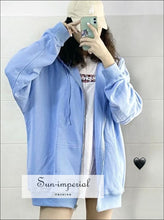 Women Pale Blue Oversized Cozy Zip up Hoodie Hooded Sweatshirt Basic style, street style SUN-IMPERIAL United States