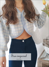 Women Pale Blue Volume Sleeved Check Pattern Crop Plaid Cardigan chick sexy style, street vintage style SUN-IMPERIAL United States