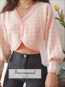Women Pale Blue Volume Sleeved Check Pattern Crop Plaid Cardigan chick sexy style, street vintage style SUN-IMPERIAL United States