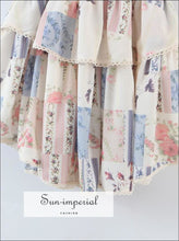 Women Patchwork High Round Neck Ruffles Floral Print Mini Dress with Elastic Waist and Short Puff Beach Style Print, bohemian style, boho 