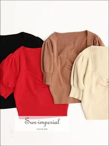 Women Petite Puff Sleeve Knit top Sweetheart Neck Ruched front Crop Knitting top