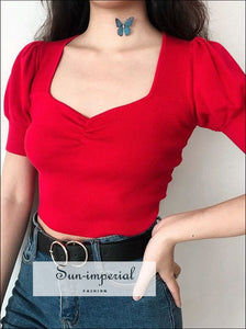 Women Petite Puff Sleeve Knit top Sweetheart Neck Ruched front Crop Knitting top