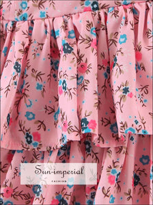 Women Pink Floral Tie Cami Strap Center Corset Style Layered Mini Dress with Ruffle Hem Bohemian Style, boho style, chick sexy harajuku 