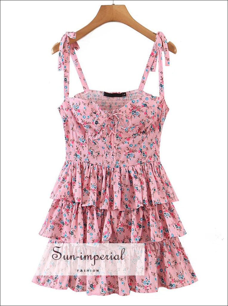 Sun-Imperial - Women Pink Floral Tie Cami Strap Center Tie Corset Style Layered Mini Dress with M Sun-Imperial - Women Pink Floral Tie Cami Strap Center Tie Corset Style Layered Mini Dress with M