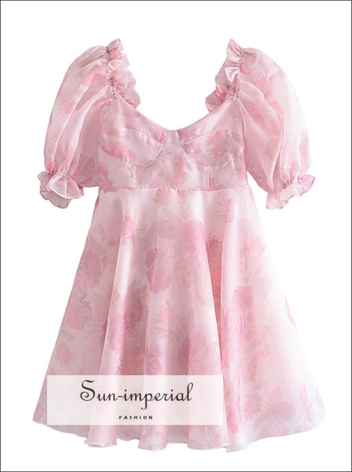 Women Pink Flower Print Organza Puff Sleeve Mini Dress Bohemian Style, boho style, harajuku Preppy Style Clothes, PUNK STYLE Sun-Imperial 