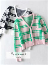Women Pink Fluffy Oversized Cardigan with Green Plaid Pattern Knit front Pocket casual style, harajuku Preppy Style Clothes, PUNK STYLE, 
