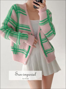 Women Pink Fluffy Oversized Cardigan with Green Plaid Pattern Knit front Pocket casual style, harajuku Preppy Style Clothes, PUNK STYLE, 