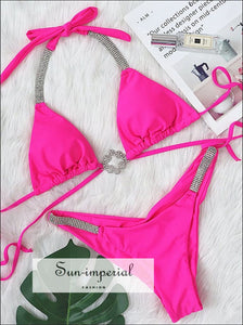 Women Pink Halter Sequin Rhinestone Crystal Diamond Decorate Push up Bikini Set Up SUN-IMPERIAL United States