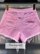 Women Pink High Waist Distressed Denim Jeans Shorts with Tassel Star Mesh detail casual style, chick sexy DENIM SHORTS, distressed denim 