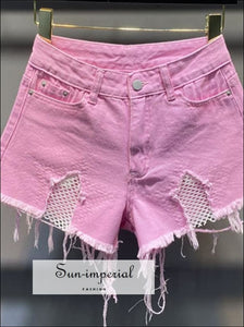 Women Pink High Waist Distressed Denim Jeans Shorts with Tassel Star Mesh detail casual style, chick sexy DENIM SHORTS, distressed denim 