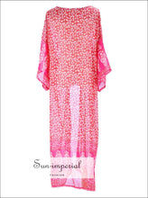 Women Pink Long Kimono with Flower Print detail beach cover up, kimono, Beach Style Print, Bohemian Style, boho style Sun-Imperial United 