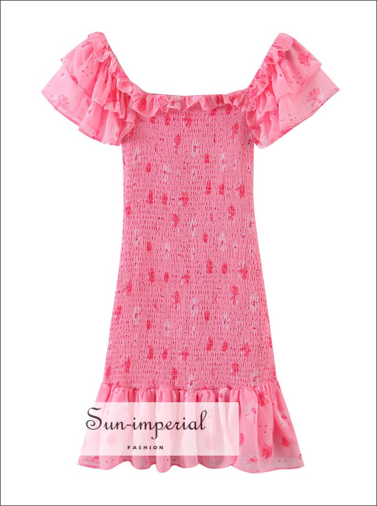 Sun-imperial - women pink off the shoulder preppy mini dress with ruffles  detail  Sun-Imperial