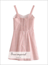 Women Pink Plaid Elastic back Cami Strap A-line Mini Dress with Center Bow detail Sun-Imperial United States
