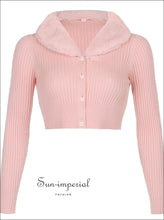 Women Pink Plush Faux Fur Collar and Cuff Knit Cropped Cardigan best seller SUN-IMPERIAL United States