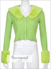 Women Pink Plush Faux Fur Collar and Cuff Knit Cropped Cardigan best seller SUN-IMPERIAL United States